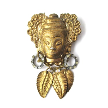 Asian Style Buddha Face Pin, Gold Tone Brooch with Rhinestone Earrings Leaves, Vintage Costume Jewelry, Dangle Brooch, Zen Jewelry 