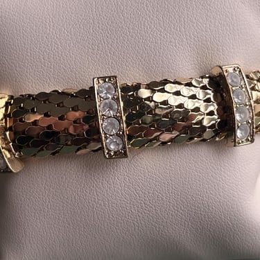 Whiting and Davis bracelet vintage gold mesh rhinestone cuff 