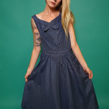 Blue Swing Skirt 50s Pin Up Dress 40s Tea Length Vintage Dress Size XXS Petite Dress 