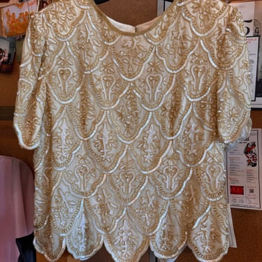 1990s Gold &amp; White Beaded Blouse