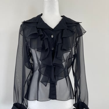 1990s Lillie Rubin Black Sheer Ruffle Blouse 