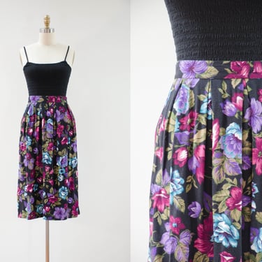 cute cottagecore skirt | 80s 90s vintage black purple blue floral flowy knee length skirt 