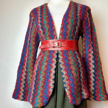 Vintage 70’s IB Diffusion Zigzag striped Cardigan sweater~ long knit jacket open front Missoni vibes~ chunky nubby crocheted colorful / Med 