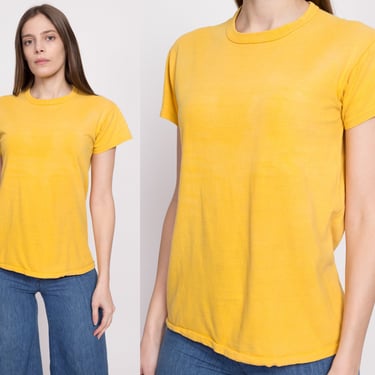 70s Sun Faded Yellow T Shirt - Unisex Medium | Vintage Distressed Plain Cotton Tee 