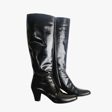 70s Black Leather Boots Knee High Ferragamo Size 7 