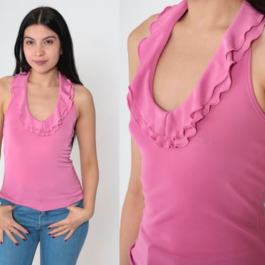 Y2K Tank Top Pink Ruffle Halter Neck Blouse Sleeveless Top Stretchy Going Out Flounce Top U Neck Open Back 00s Small xs s 