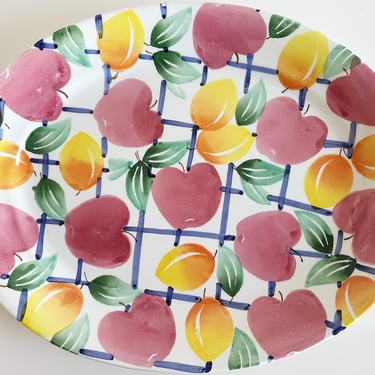 Large Deep Hand Painted Apples & Peaches Oval Serving Platter Italy Vintage 