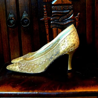 Vintage Stuart Weitzman • Mesh Leather • Metallic • Gold Glitter Heels • 1960s • Designer Pumps • 7B • Animal Print • Neiman Marcus 