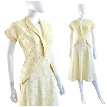 Late 1940s Pale Yellow Daisy Eyelet Lace Dress - 1940s Yellow Dress - 40s Eyelet Lace Dress - Late 40s Dress - 40s Summer Dress | Size Small 
