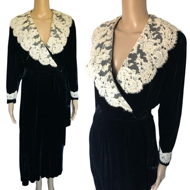 Vintage 1990's Black Velvet and White Floral Lace Wrap Dress Robe by Christian Dior - Neiman Marcus - size Small 