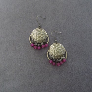 Pink frosted glass and hammered bronze chandelier earrings 