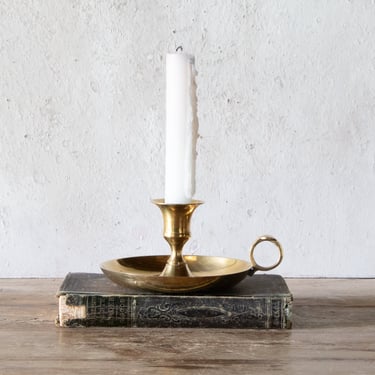 Brass Chamberstick with Finger Loop, Vintage Brass Candle Holder with Carrying Handle 