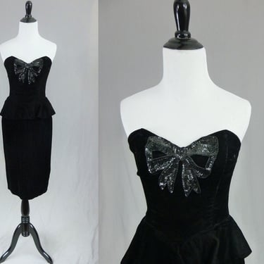 80s Gunne Sax Velvet Party Dress - Strapless Little Black Dress w/ Big Sequin Bow - Vintage 1980s - XS S 