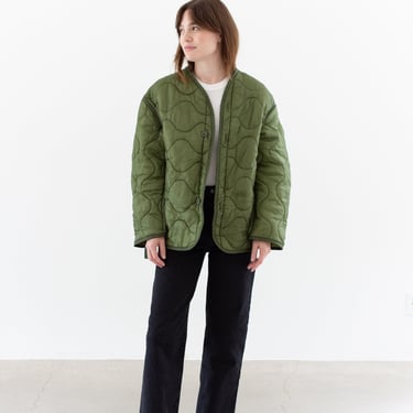 Vintage Green Liner Jacket | Unisex Wavy Quilted Nylon Coat | L XL | LI183 