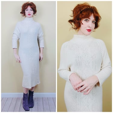 1980s Vintage Inspiration Silk and Angora Cream Sweater Dress / 80s Cable Knit Turtleneck Dress / Size Medium 