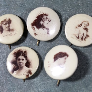 Antique Sweet Caporal Cigarette Advertising PinBack Pins | Set of 5 Pins | Actresses From Early 1900s 