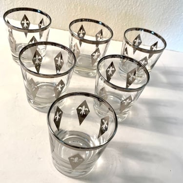 Vintage Set of 6 Silver Trimmed Fleur De Lis Bar Cocktail Glasses 