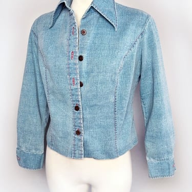 1970's Blue Jean Denim Jacket Shirt Hippie Boho 1776 USA Women's Small Medium Disco Vintage 