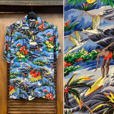 Vintage 1950’s “Hoaloha” Label Surfer Ukulele Crepe Hawaiian Shirt, 50’s Hawaiian Shirt, 50’s Shirt, Tropical Shirt, Vintage Clothing 