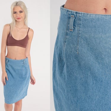90s Jean Skirt Denim Knee Length Skirt Pencil Skirt Jeans 1990s High Waisted Wiggle Skirt Mini Retro Vintage Blue Medium 
