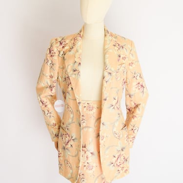 Vintage 1990s Linen Tapestry Print Skirt Suit | XS | 90s Pink Floral Print Blazer Jacket and Skirt 