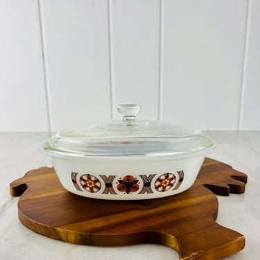 Vintage Glasbake Oval Casserole with Lid, 1 Qt. 1960s Jeannette, milk glass, brown orange geometric, mid century decor, collectible, gift 