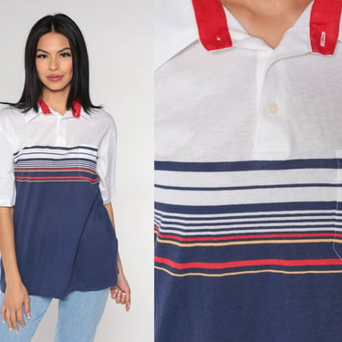 Striped Polo Shirt 80s White Blue Collared T-shirt Retro Color Block Half Button Up Shirt Preppy Basic Casual Vintage 1980s Red Mens Medium 