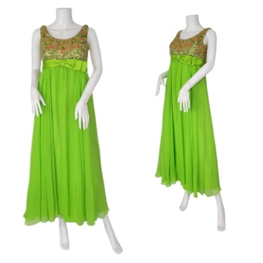 Joseph Magnin 1960's Lime Green Silk Chiffon Beaded Maxi Dress I Sz Sm I Gown 