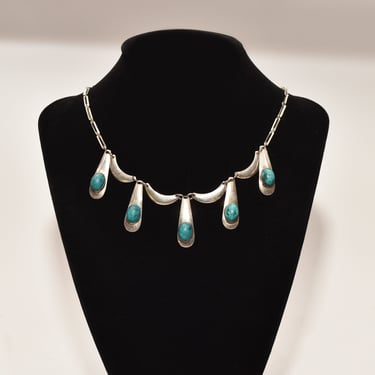 Israeli Sterling Silver Turquoise Festoon Necklace, Piano Key Pendant, Gemstone Jewelry, 19" L 