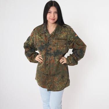 Vintage 80s German Flecktarn Camouflage Military Jacket Army Camo Field Jacket Oversized Canvas Snap Button up Medium Large 