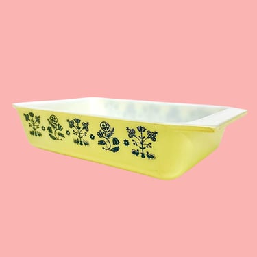 Vintage Pyrex Casserole Retro 1950s Mid Century Modern + Black Needlepoint or Embroidery (Yellow) + Ceramic + Rectangular + Kitchen Cookware 