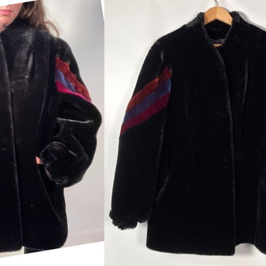 Vintage 80s Plus Size Faux Fur Jewel Tone Striped Cozy Winter Jacket Size XL/2X 