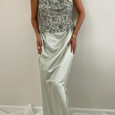 60s silk maxi dress / vintage sage silk + wool embellished beaded sleeveless empire cocktail maxi dress | Medium 