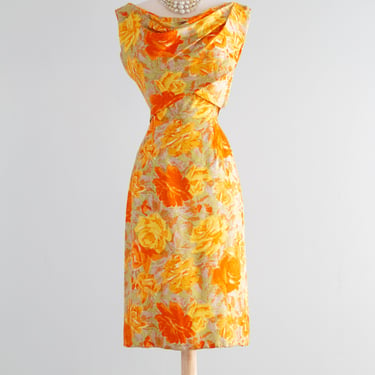 Gorgeous 1950's Autumn Silk Rose Print Cocktail Dress By Suzy Perette / Small