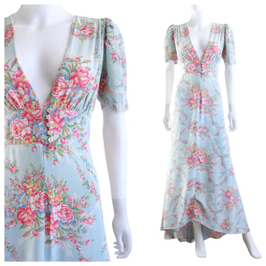 1930s Pale Blue Spring Floral Cold Rayon Dress - 1930s Floral Dress - 1930s Rayon Floral Dress - Thirties Floral Dress | Size Large 