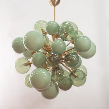 Italian chandelier Sputnik green shades Murano blown glass balls, brass finish, handmade suspension Made in Italy design 