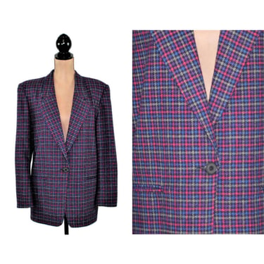 80s Houndstooth Blazer Large, Checkered Plaid Wool Blend One Button Shoulder Pads, 1980s Clothes Women, Vintage NORTON MCNAUGHTON Size 12 