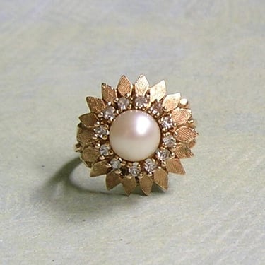Vintage 10K Yellow Gold, Pearl and Diamond Flower Ring, 10K Gold and Pearl Flower Ring, Old Pearl Cocktail Ring, Size 5 1/8 (#4365) 