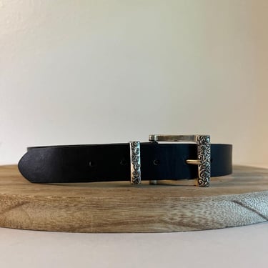 90s Black Genuine Leather Silver Floral Embellished Buckle Belt Size Small 