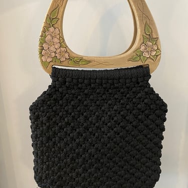 1970s woven bag, hippie style, vintage handbag,70s purse, huge plastic handles, mod style, carved flowers, vegan, bohemian style, boho 