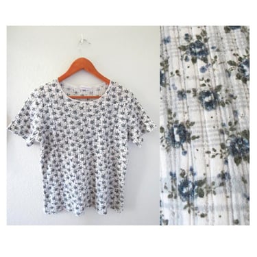 Vintage Women's Ribbed Knit Floral Top - Short Sleeve Flower Print Scoop Neck T-shirt - 1990 90s Blouse - Size Large 