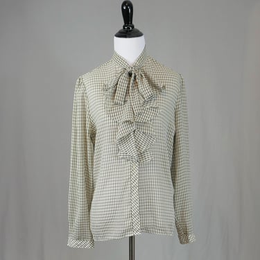 80s Pussy Bow Ruffle Front Blouse - Off-White Black Windowpane - Weathervane - Vintage 1980s - S M 