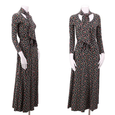 70s DVF ditzy floral dress 6 / 1970s vintage black print Diane Von Furstenberg sash tie dress 1970s S-M 