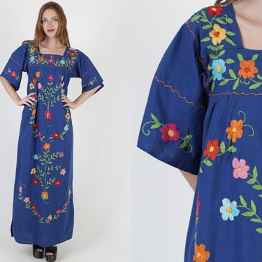 Royal Blue Womens Mexican Maxi Dress / Vintage Heavily Hand Embroidered Dress / Womens Floral Puebla Cotton Bell Sleeve Maxi Dress 