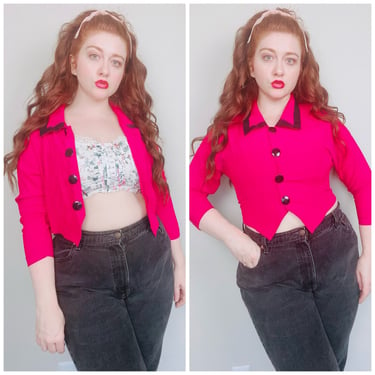 1980s Vintage Sitting Pretty Acetate Crop Top / 80s / Eighties Black and Hot Pink Cropped Blouse / Size Large 