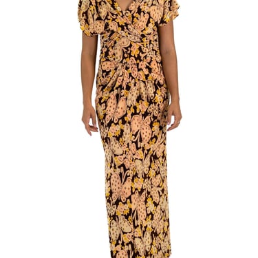 1940S Brown  Yellow Rayon Blend Jersey Butterfly Novelty Print Gown 