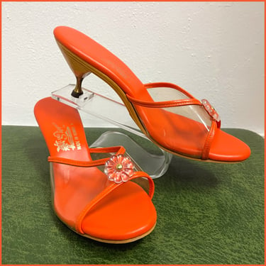 1960s Orange, Wooden & Clear Kitten Heel Slip on Island Slipper Made in Hawaii Size 8 | Vintage, PVC, Lucite, Resin, Dainty, Brady Bunch 