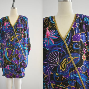 1980s Lillie Rubin/Judith Ann Silk Beaded Drop Waist Cocktail Dress 