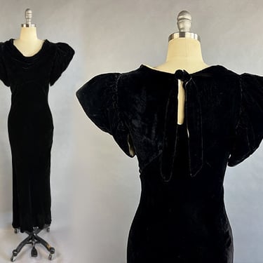 1930s Silk Velvet Dress / 1930s Black Bias Cut Gown with Keyhole Back / Statement Sleeves / Size Small 
