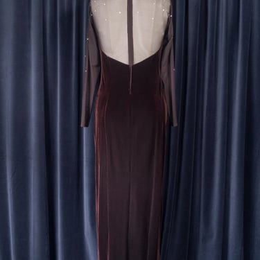 1990s Tadashi for Cache Brown Stretch Velvet Maxi Dress with Crystal Embellished Sheer Mesh Back and Sleeves 